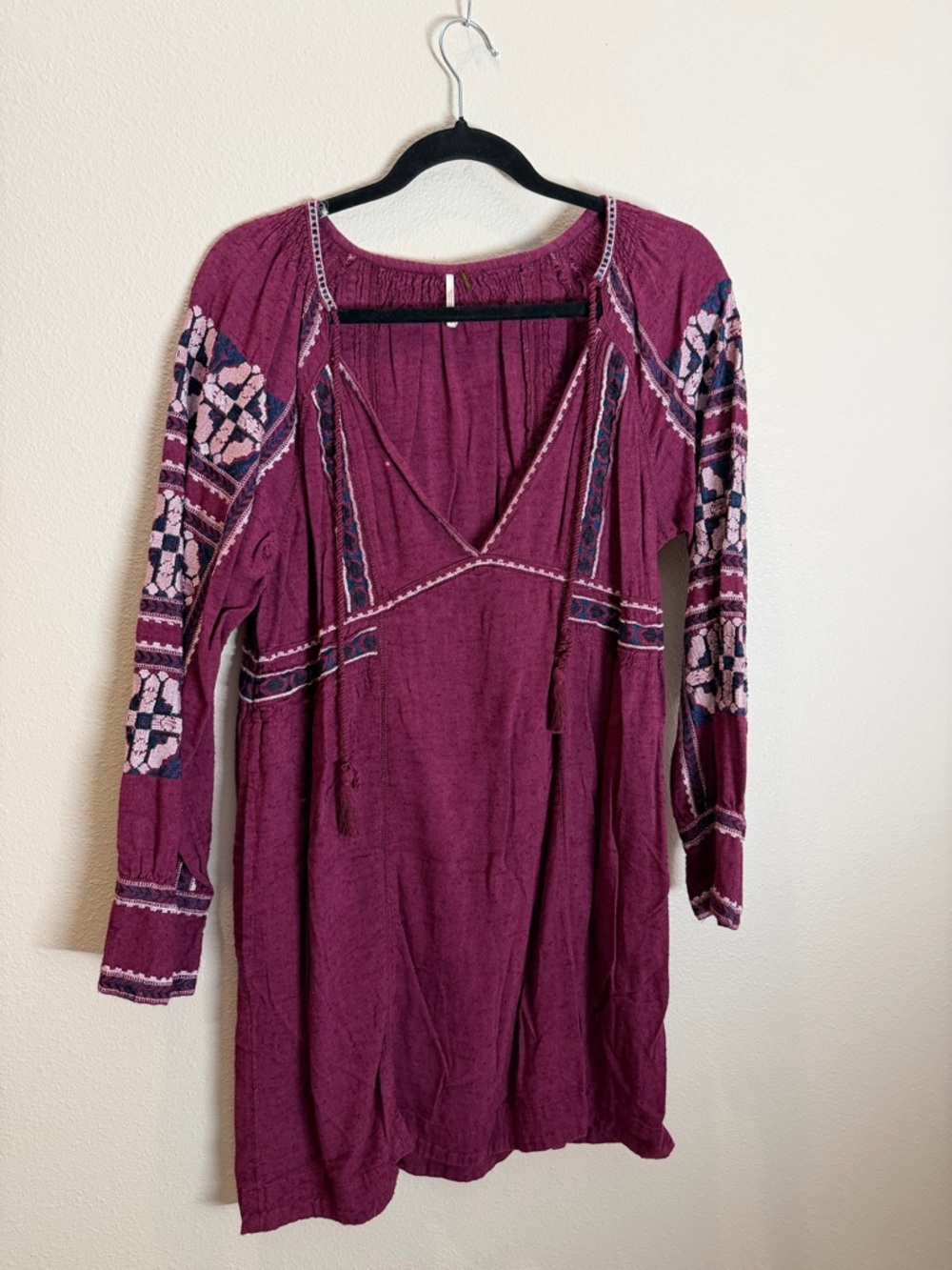 Free People Plum Embroidered Long-Sleeve Boho Dress